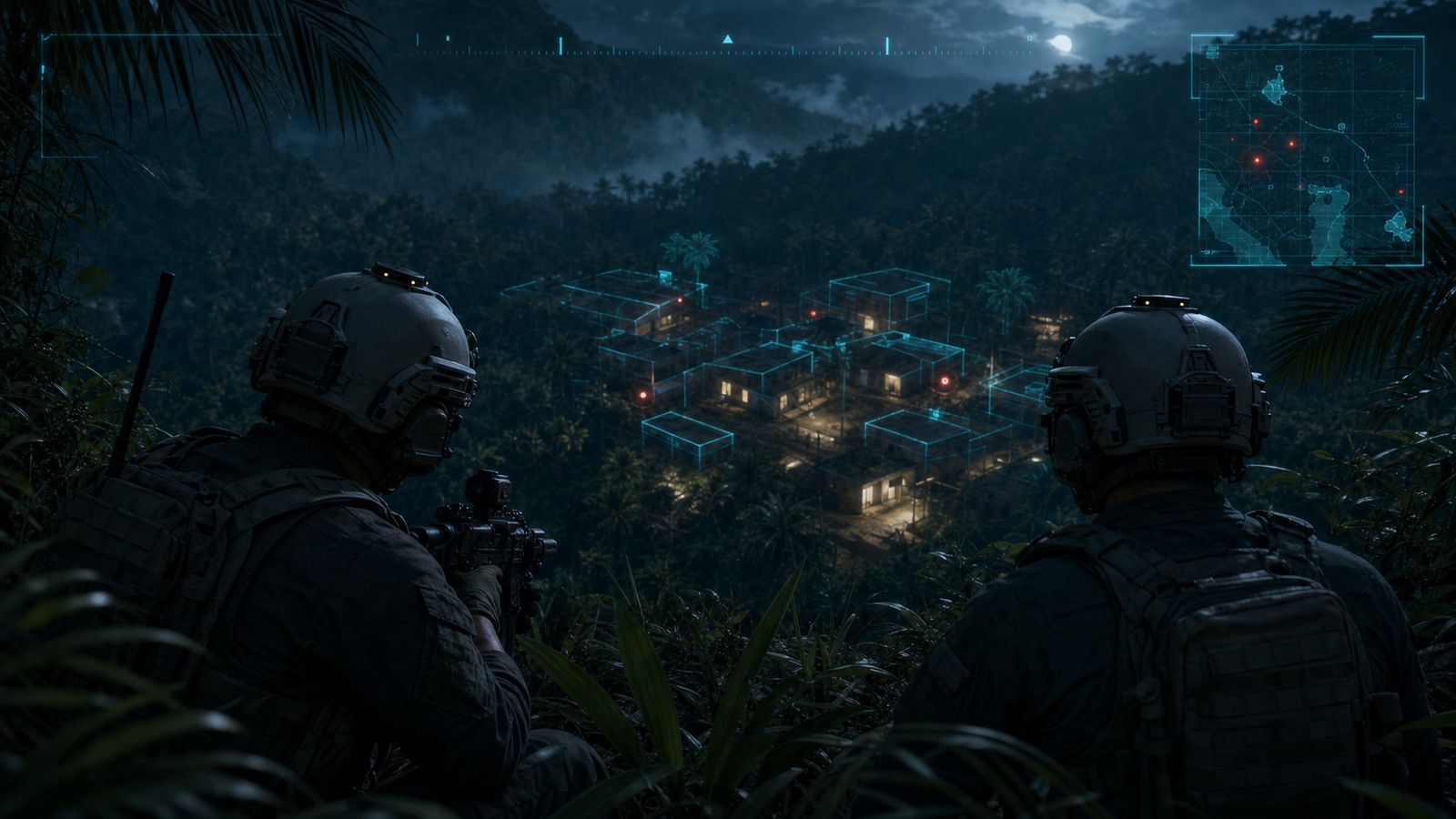 NV 100 operator point-of-view — jungle special-operations scene with AR HUD overlay