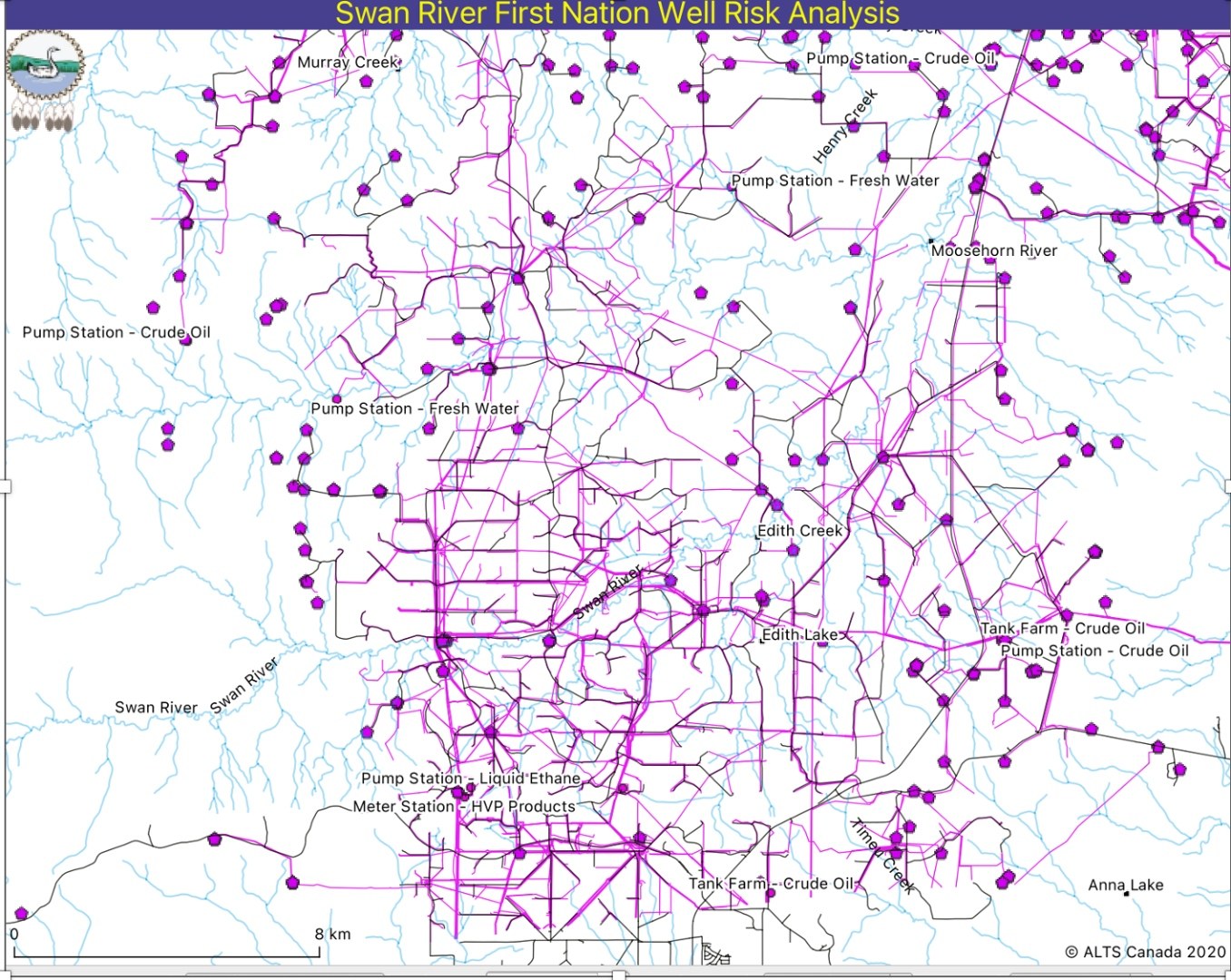Dense pipeline and pump-station network across the SRFN territory, including crude oil, liquid ethane, fresh water and HVP product lines crossing Swan River and Edith Creek