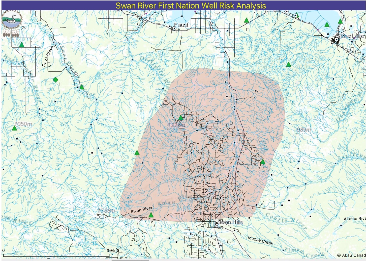 SRFN Priority Area overlaid on regional hydrology and pipeline network between Faust, Swan Hills and Akinet Lake