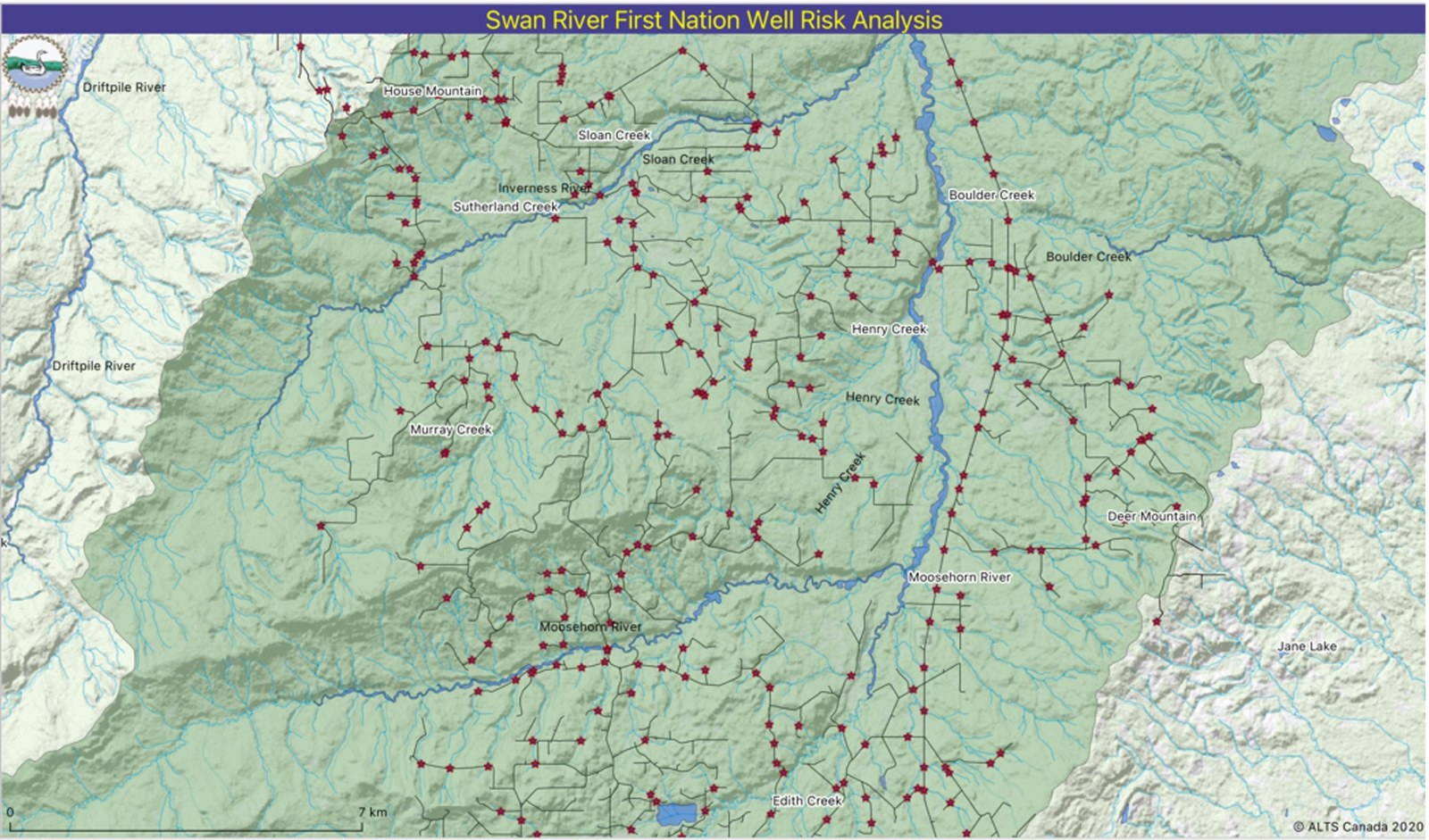 Swan River First Nation watershed analysis — all 1,880 legacy wells plotted as red stars across Sloan, Henry, Inverness, Moosehorn and Murray Creek sub-basins inside the SRFN priority area