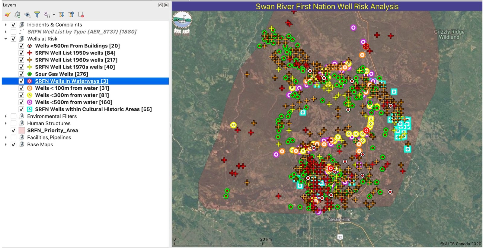 Swan River First Nation Well Risk Analysis — GIS layers of 1,880 wells inside the SRFN priority area