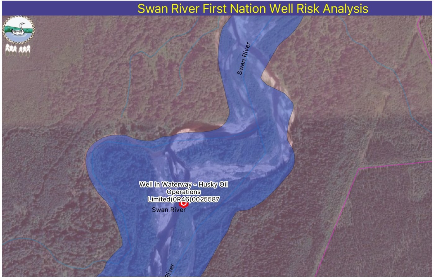 Husky Oil Operations well 0R46/0025587 located inside the Swan River channel buffer — flagged as a Well-in-Waterway high-risk asset