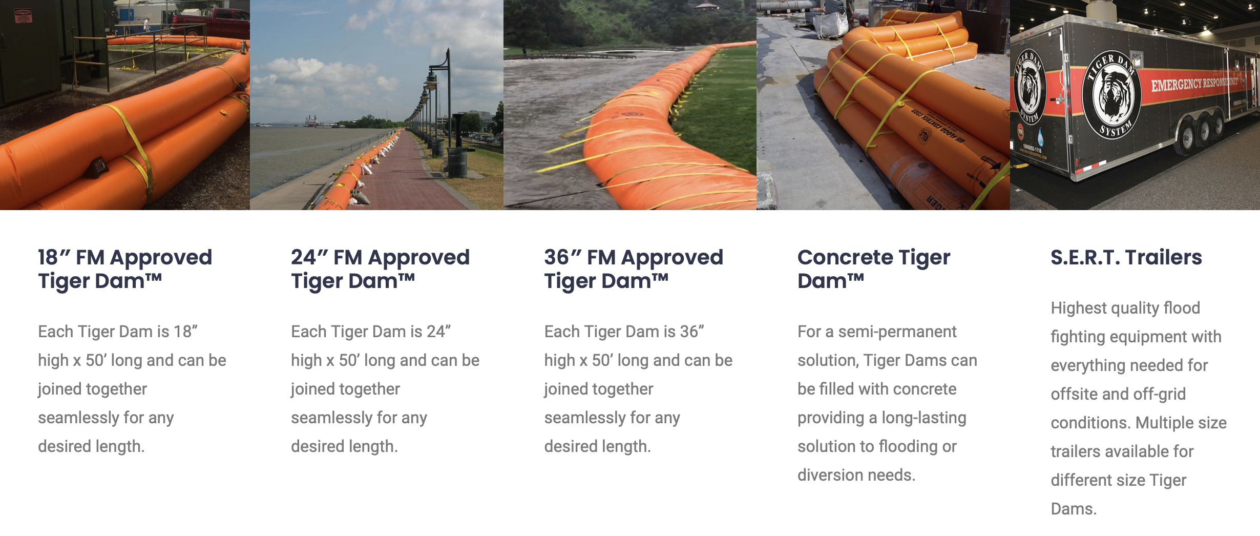 Tiger Dam applications — 18 inch, 24 inch, 36 inch, Concrete Tiger Dam, and S.E.R.T. trailers